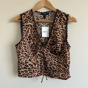 Y2K Leopard Print Lace Trim V Neck Front Tie Side Zip Tank Medium